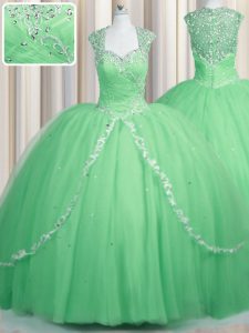 Ball Gowns Cap Sleeves Apple Green Quinceanera Gowns Brush Train Zipper