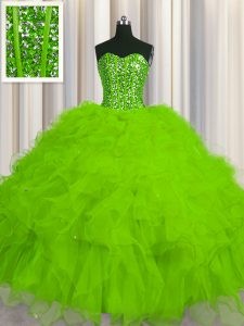 High End Visible Boning Sleeveless Tulle Floor Length Lace Up Quinceanera Gown in with Beading and Ruffles and Sequins