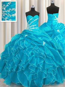 Floor Length Aqua Blue 15th Birthday Dress Sweetheart Sleeveless Lace Up