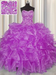 Visible Boning Purple Sleeveless Beading and Ruffles Floor Length Sweet 16 Quinceanera Dress
