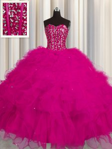 Romantic Visible Boning Floor Length Fuchsia Sweet 16 Dresses Tulle Sleeveless Beading and Ruffles and Sequins