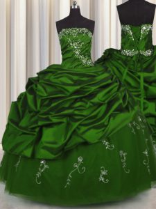 Great Embroidery Sleeveless Taffeta Floor Length Lace Up Quinceanera Gowns in Green with Beading and Appliques and Pick Ups