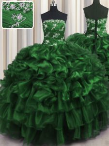 Sumptuous Floor Length Lace Up 15th Birthday Dress Dark Green and In with Appliques and Ruffles and Ruffled Layers
