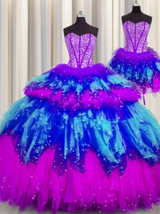 Stylish Three Piece Visible Boning Multi-color Tulle Lace Up Sweetheart Sleeveless Floor Length Quinceanera Gown Beading and Ruffles and Ruffled Layers and Sequins
