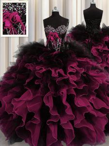 Trendy Beading and Ruffles Sweet 16 Dress Red And Black Lace Up Sleeveless Floor Length