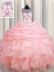 Scoop See Through Baby Pink Organza Lace Up Quince Ball Gowns Sleeveless Floor Length Beading and Ruffles and Pick Ups