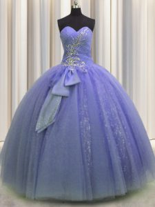 Lavender Sweetheart Neckline Beading and Sequins and Bowknot Vestidos de Quinceanera Sleeveless Lace Up