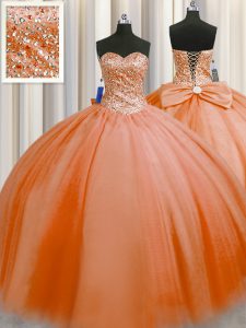 Puffy Skirt Floor Length Lace Up Sweet 16 Quinceanera Dress Orange Red for Military Ball and Sweet 16 and Quinceanera with Beading