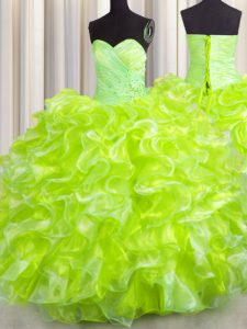 Beautiful Yellow Green Ball Gowns Beading and Ruffles Quinceanera Gown Lace Up Organza Sleeveless Floor Length