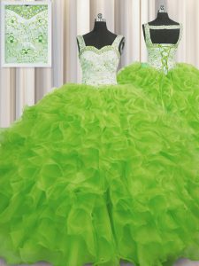 Popular Organza Straps Sleeveless Lace Up Beading and Ruffles 15th Birthday Dress in Yellow Green