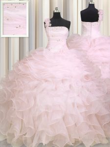 Stunning One Shoulder Baby Pink Organza Zipper Sweet 16 Dress Sleeveless Floor Length Beading and Ruffles