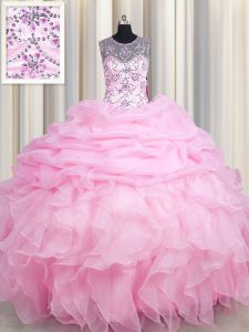 Excellent See Through Scoop Sleeveless Sweet 16 Dresses Floor Length Beading and Ruffles and Pick Ups Rose Pink Organza