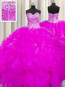 Visible Boning Beaded Bodice Fuchsia Organza Lace Up Sweet 16 Dresses Sleeveless Floor Length Beading and Ruffles