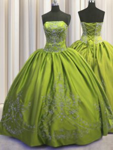 Dynamic Olive Green Sleeveless Floor Length Beading and Embroidery Lace Up Quinceanera Gowns