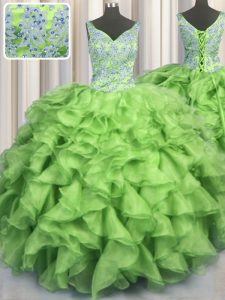 V Neck Organza Lace Up Quinceanera Dress Sleeveless Floor Length Beading and Ruffles