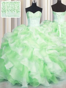 Visible Boning Two Tone Multi-color Ball Gowns Sweetheart Sleeveless Organza Floor Length Lace Up Beading and Ruffles Ball Gown Prom Dress