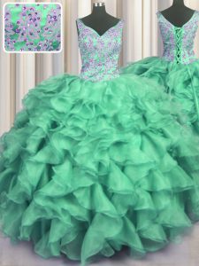 Turquoise V-neck Lace Up Beading and Ruffles Quinceanera Gown Sleeveless