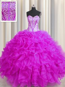 Visible Boning Beaded Bodice Fuchsia Sleeveless Beading and Ruffles Floor Length 15th Birthday Dress