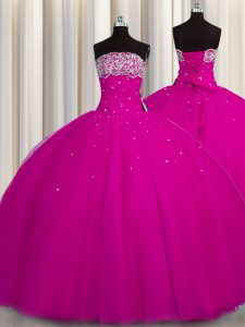 Best Puffy Skirt Fuchsia Tulle Lace Up Strapless Sleeveless Floor Length Ball Gown Prom Dress Beading and Sequins