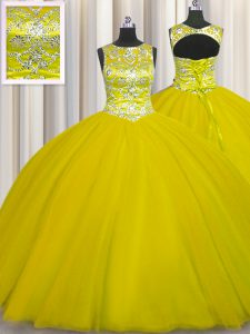 Gold Ball Gowns Scoop Sleeveless Tulle Floor Length Lace Up Beading 15th Birthday Dress