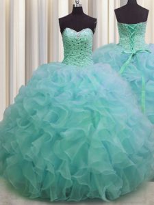 Luxurious Beading and Ruffles Quinceanera Gowns Green Lace Up Sleeveless Floor Length