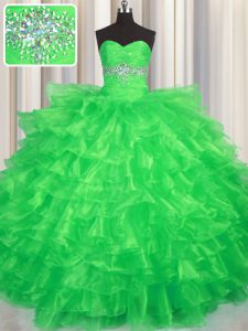 Popular Sleeveless Organza Floor Length Lace Up Sweet 16 Dress in Green with Beading and Ruffled Layers