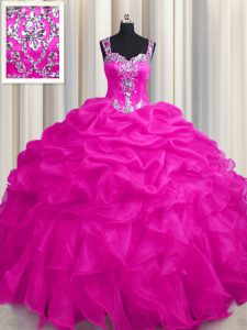 See Through Zipper Up Floor Length Hot Pink Sweet 16 Dresses Straps Sleeveless Zipper