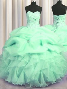 Visible Boning Apple Green Sweetheart Lace Up Beading and Ruffles 15th Birthday Dress Sleeveless