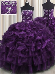 New Arrival Organza Sleeveless Floor Length 15 Quinceanera Dress and Appliques and Ruffles and Ruffled Layers