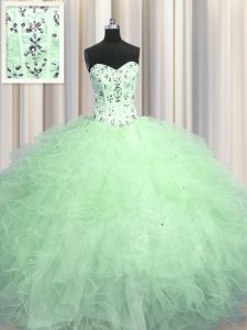 Custom Design Visible Boning Floor Length Apple Green Sweet 16 Dresses Tulle Sleeveless Beading and Appliques and Ruffles