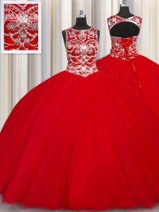 Customized Red Scoop Lace Up Beading Sweet 16 Quinceanera Dress Sleeveless