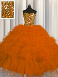 Flirting Visible Boning Rust Red Sweetheart Lace Up Beading and Ruffles and Sequins 15 Quinceanera Dress Sleeveless