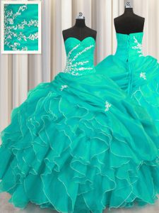 Custom Made Organza Sweetheart Sleeveless Lace Up Beading and Appliques and Ruffles 15 Quinceanera Dress in Turquoise