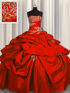 Pick Ups Floor Length Red Quinceanera Gown Strapless Sleeveless Lace Up