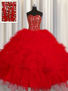 Wonderful Visible Boning Sleeveless Floor Length Beading and Ruffles and Sequins Lace Up Quinceanera Gown with Red