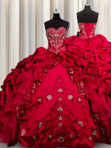 Embroidery Sequins Taffeta Sweetheart Sleeveless Lace Up Beading and Appliques and Ruffles Quinceanera Gowns in Red