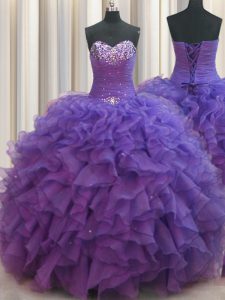 High Class Beaded Bust Purple Lace Up Ball Gown Prom Dress Beading and Ruffles Sleeveless Floor Length