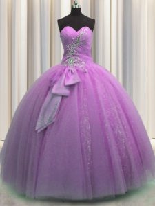 Fantastic Sleeveless Floor Length Beading and Sequins and Bowknot Lace Up Ball Gown Prom Dress with Lilac