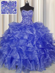 Suitable Visible Boning Sleeveless Organza Floor Length Lace Up 15th Birthday Dress in Blue with Beading and Ruffles