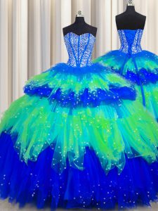 Bling-bling Visible Boning Multi-color Sweetheart Neckline Beading and Ruffles and Ruffled Layers and Sequins Quinceanera Gowns Sleeveless Lace Up
