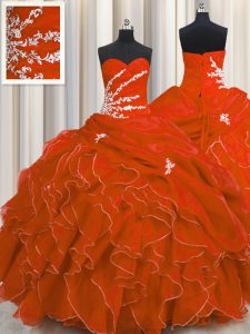 Vintage Red Ball Gowns Beading and Appliques and Ruffles Ball Gown Prom Dress Lace Up Organza Sleeveless Floor Length
