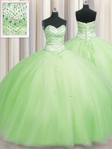 Bling-bling Big Puffy Yellow Green Tulle Lace Up Vestidos de Quinceanera Sleeveless Floor Length Beading