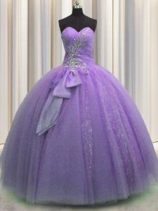 Glamorous Tulle Sweetheart Sleeveless Lace Up Beading and Sequins and Bowknot Vestidos de Quinceanera in Lavender