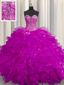 Fabulous See Through Fuchsia Sweetheart Neckline Beading and Ruffles Quinceanera Gown Sleeveless Lace Up