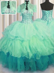 Latest Visible Boning Bling-bling Floor Length Multi-color Quinceanera Dresses Organza Sleeveless Beading and Ruffled Layers