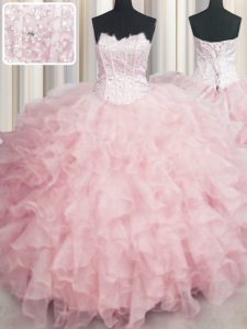 Visible Boning Scalloped Baby Pink Lace Up Sweet 16 Quinceanera Dress Beading and Ruffles Sleeveless Floor Length