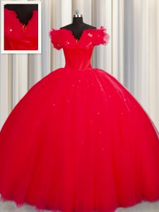 Red Tulle Lace Up Off The Shoulder Short Sleeves With Train 15 Quinceanera Dress Court Train Ruching