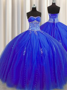 Inexpensive Puffy Skirt Royal Blue Sweetheart Lace Up Beading and Appliques 15th Birthday Dress Sleeveless