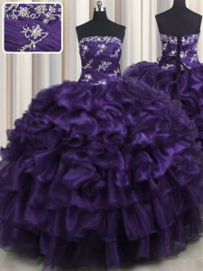 Purple Strapless Lace Up Appliques and Ruffles and Ruffled Layers Quince Ball Gowns Sleeveless