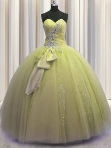 Edgy Sleeveless Floor Length Beading and Sequins and Bowknot Lace Up Quinceanera Gown with Light Yellow